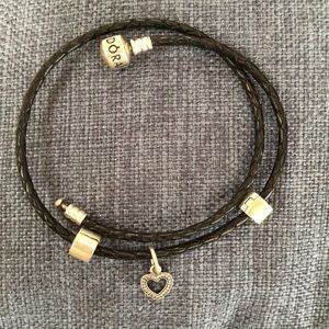 Authentic Leather Pandora Bracelet Heart Charm
